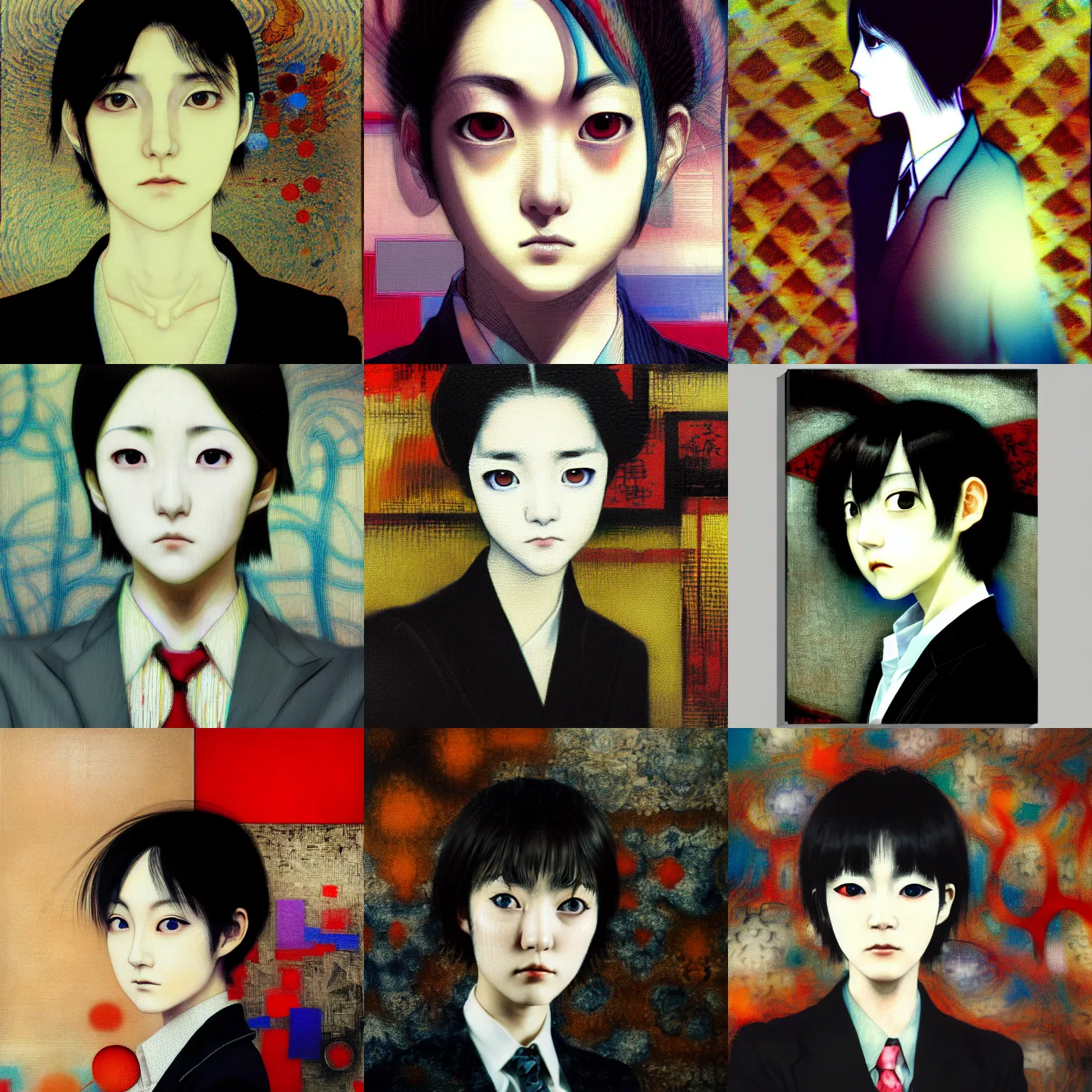 Image similar to yoshitaka amano blurred and dreamy realistic three quarter angle portrait of a young woman with short hair and black eyes wearing office suit with tie, junji ito abstract patterns in the background, satoshi kon anime, noisy film grain effect, highly detailed, renaissance oil painting, weird portrait angle, blurred lost edges