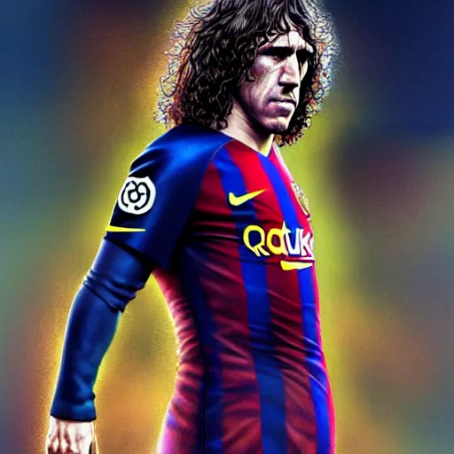 Image similar to Carles Puyol, Fc Barcelona captain, defending his club, D&D, fantasy, intricate, elegant, highly detailed, digital painting, artstation, concept art, matte, sharp focus, illustration, art by Artgerm and Greg Rutkowski and Alphonse Mucha