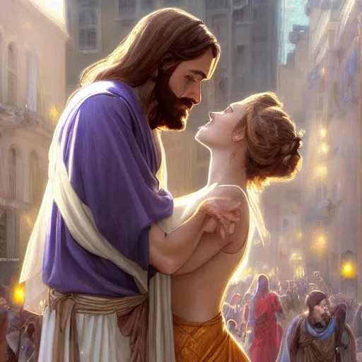 Image similar to jesus kissing a woman in a street, elegant, highly detailed, digital painting, artstation, concept art, matte, sharp focus, highly detailed, 4 k, hdr, smooth, sharp focus, high resolution, award - winning photo, photorealistic, art by artgerm and greg rutkowski and alphonse mucha, large shot