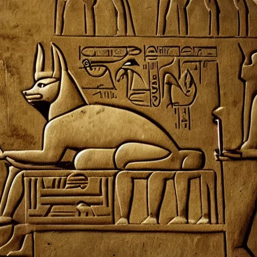 Image similar to Egyptian deity Anubis doing his taxes on a laptop, ancient carving, historic art, archeology, well preserved, high quality photo