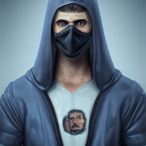 Image similar to a highly detailed, portrait of a man with black hair with a black medical mask, in a hood in the form of a blue shark with white teeth, artstation, DeviantArt, professional, octane render, digital art