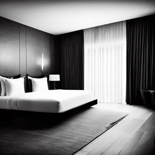 Prompt: hotel room of a high class beach hotel, style like Adams family, black and white photography, epic shot, cinematic lighting, sharp focus, octane render, highly detailed, very realistic, photorealistic, Artstationhd, 8k, award winning on Artstation, hyper detailed, hyper realistic