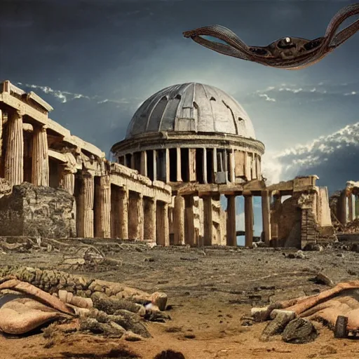Image similar to 1960s movie about an alien invasion Ancient Athens, UFOs, portrait, intricate, 8k highly professionally detailed, HDR, CGsociety
