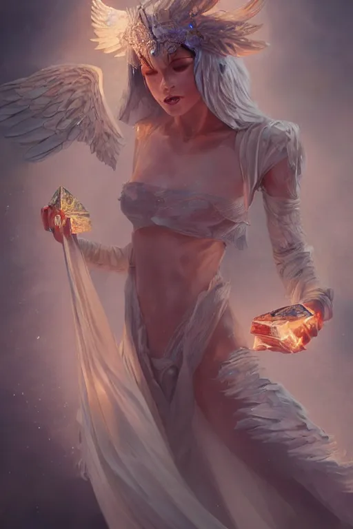 Image similar to torso closeup model wearing crystal white feather, sorcerer wearing robe,, diamonds, angel, fantasy, dramatic lighting, highly detailed, digital painting, holding electricity, magic the gathering, hyper detailed, 3 d render, hyper realistic detailed portrait, peter mohrbacher, wlop, ruan jia