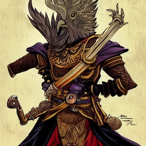 Image similar to tarot card, full body, rooster wearing medieval suit of armor, dark fantasy comic book, art style by kevin siembieda, artstation!