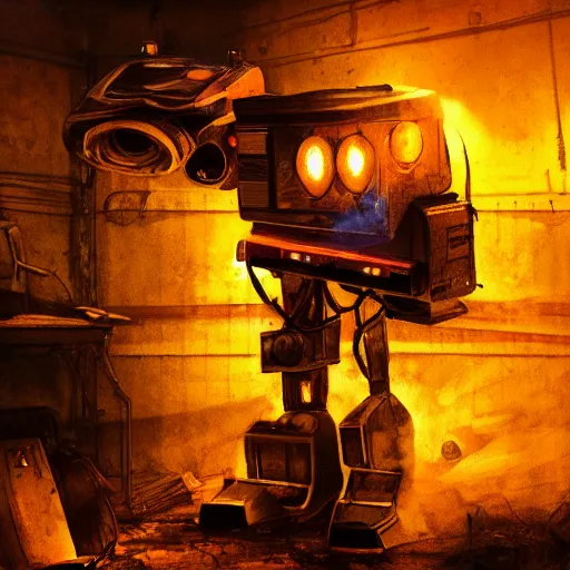 Image similar to head of toaster oven mecha, dark messy smoke - filled cluttered workshop, dark, dramatic lighting, orange tint, cinematic, highly detailed, sci - fi, futuristic, movie still