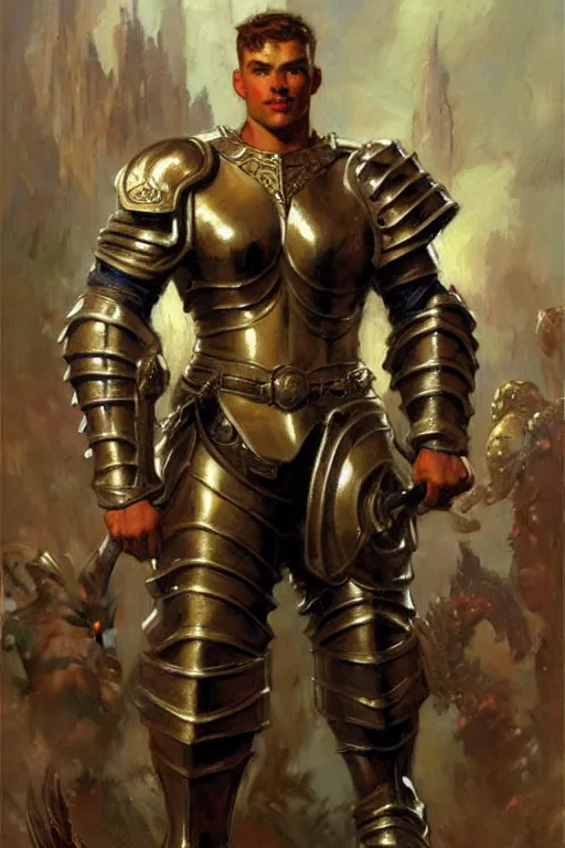 Image similar to attractive beefy male with armor, character design, painting by gaston bussiere, craig mullins, j. c. leyendecker, tom of finland