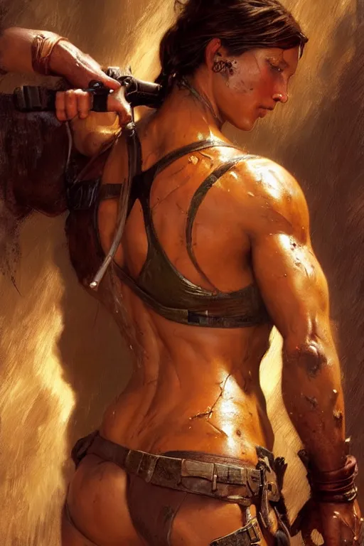 Image similar to muscular sweat lara croft, covers with mud exhausted face close up, highly detailed painting by gaston bussiere, craig mullins, j. c. leyendecker 8 k