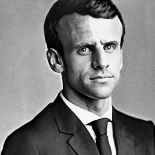 Prompt: photograph of emmanuel macron, male, 1 9 0 0 s, 1 9 1 0 s, grainy, slightly blurry, faded, realistic face