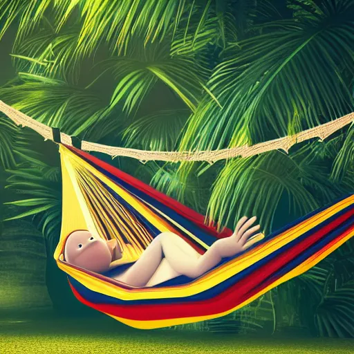 Image similar to minimalist portrait of a monkey laying in a hammock eating a banana, octane render, 8 k render, saturated, vector