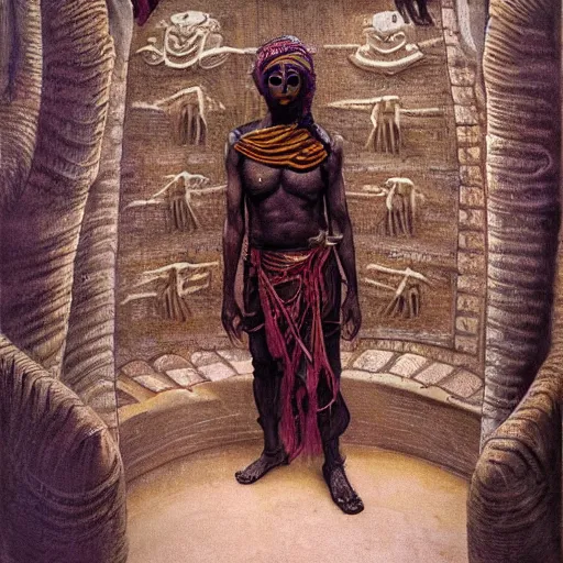 Prompt: humanoid Yuan-Ti person whose face is covered entirely in large brown and small white scales, wearing large african turban, body wrapped in scarves and leather belts, standing in front of cyberpunk Nabatean tomb :: science fiction bestiary by Carvaggio. Barlowe, and Rembrandt