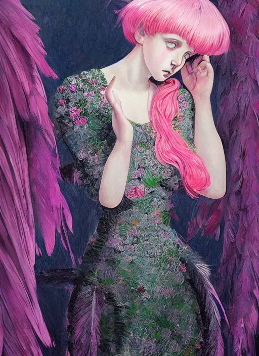 Prompt: beautiful teen girl with an eccentric pink haircut wearing an dress made of feathers, artwork made by ilya kuvshinov, inspired in donato giancola