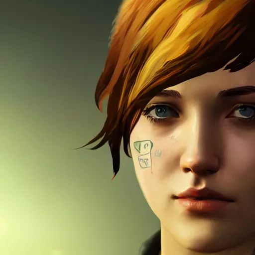 Prompt: life is strange highly detailed, nervously looking over shoulder, green hair, smooth, sharp focus, artstation, concept art, golden hour, soft lightning