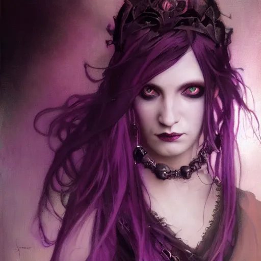 Image similar to dark goth queen with purple eyes, by jeremy mann and alphonse mucha, fantasy art, photo realistic, dynamic lighting, artstation, poster, volumetric lighting, very detailed faces, purple eyes, 4 k, award winning dark, goth, queen, dark fantasy, purple, hyperrealistic portrait, art of elysium, full figure, very detailed face,