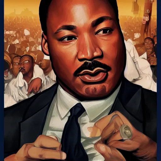 Image similar to clear portrait of martin luther king having a rap battle, cottagecore!!, detroit hood background hyper detailed, character concept, full body, dynamic pose, elegant, intricate, highly detailed, digital painting, artstation, concept art, smooth, sharp focus, illustration, art by artgerm and greg rutkowski and alphonse mucha