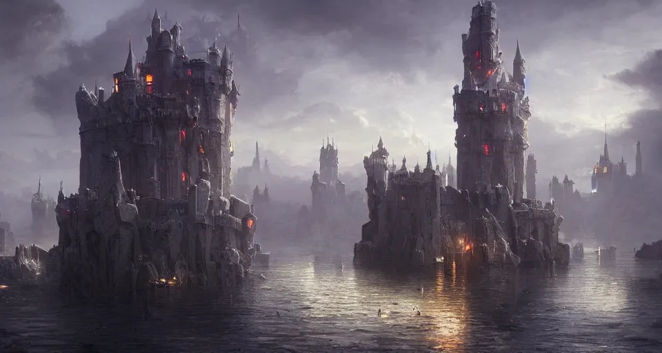 Prompt: futuristic floating fantasy castle above a medieval city, flocks of ravens, by Greg Rutkowski and Raphael Lacoste, detailed, masterpiece, volumetric lighting, 8k