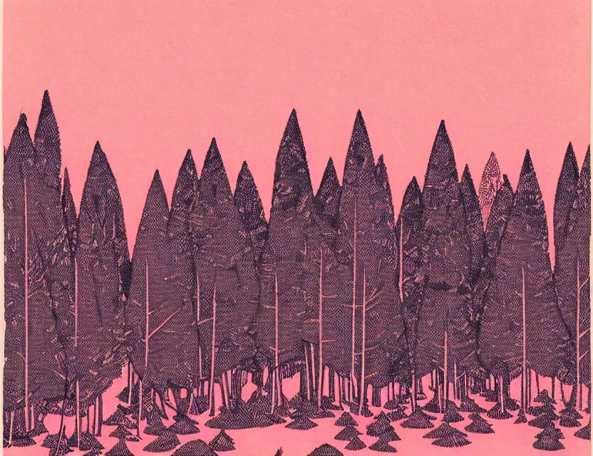 Prompt: 1 9 5 0 s risograph print of an image from a book depicting a forest at night, in shades of peach, pink, and teal gradient