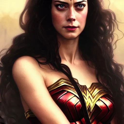 Image similar to Beautiful Kaya Scodelario as Wonder Woman, western, D&D, fantasy, intricate, elegant, highly detailed, digital painting, artstation, concept art, matte, sharp focus, illustration, art by Artgerm and Greg Rutkowski and Alphonse Mucha