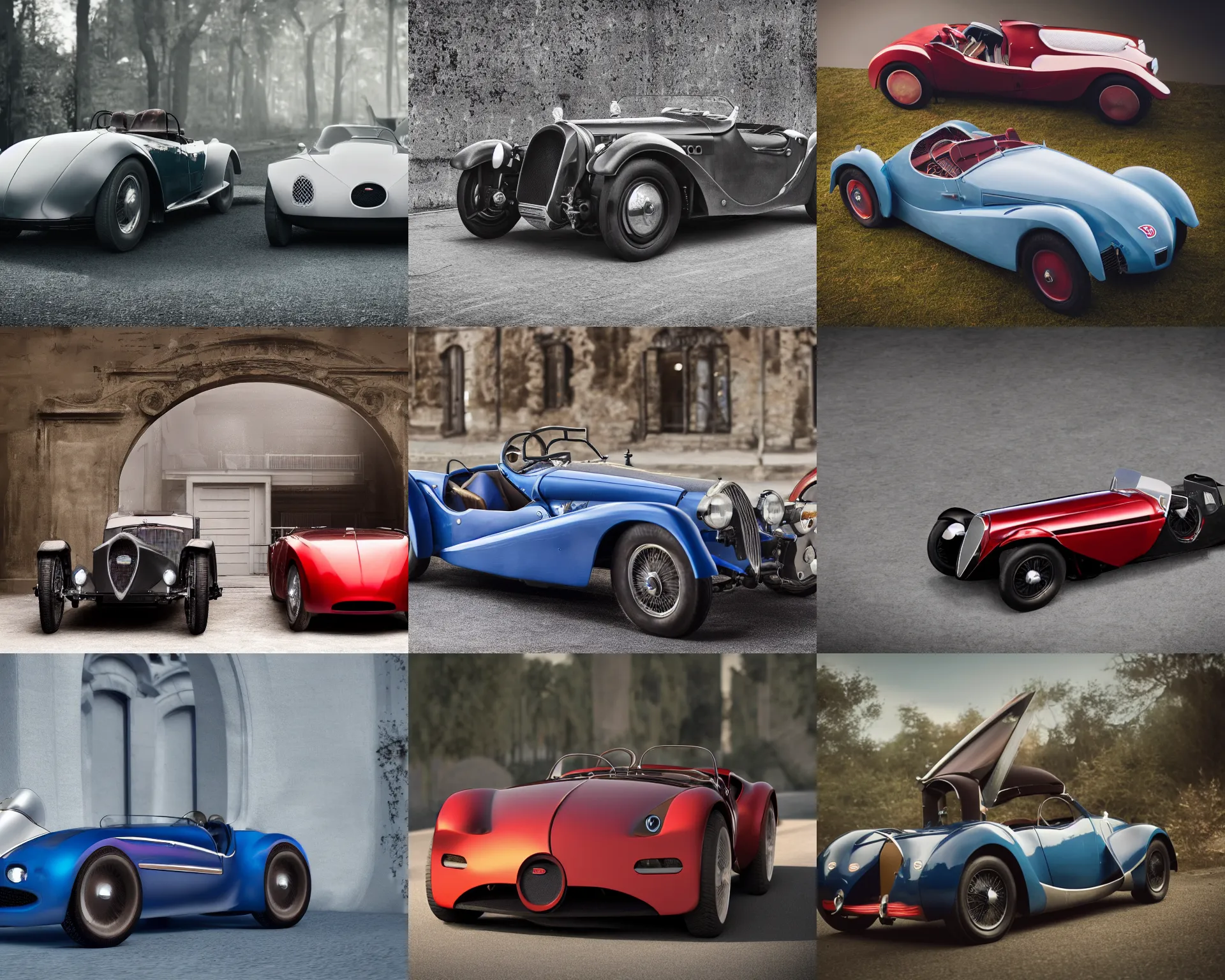 Prompt: a single bugatti type 5 7 and tesla roadster hybrid, dslr, cinematic, photorealistic, hyperdetailed