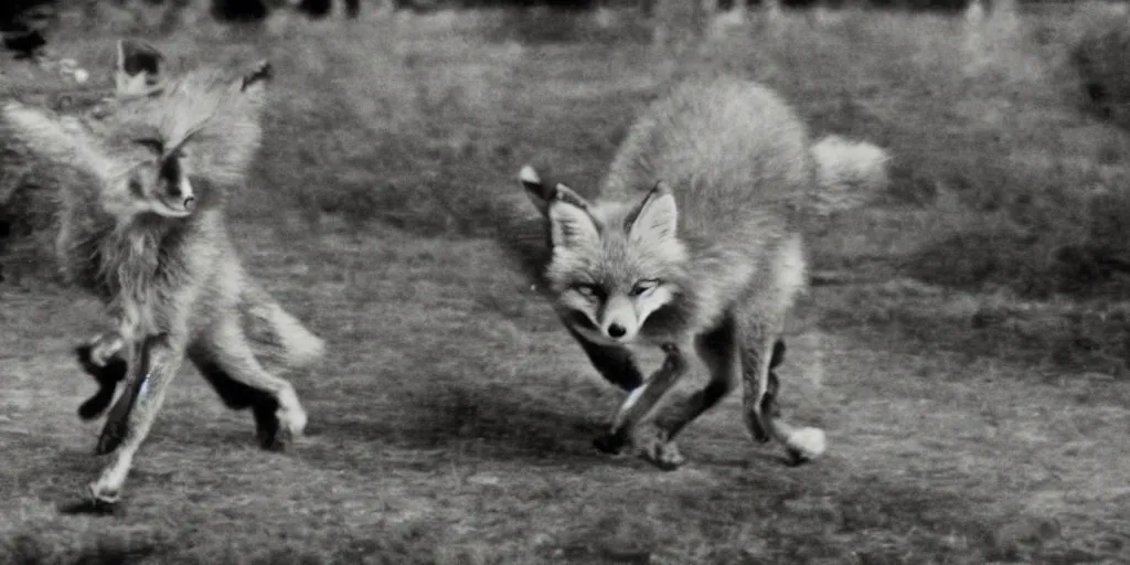 Image similar to anthropomorphic fox being chased, 1 9 3 0 s film still, ladislas starevich