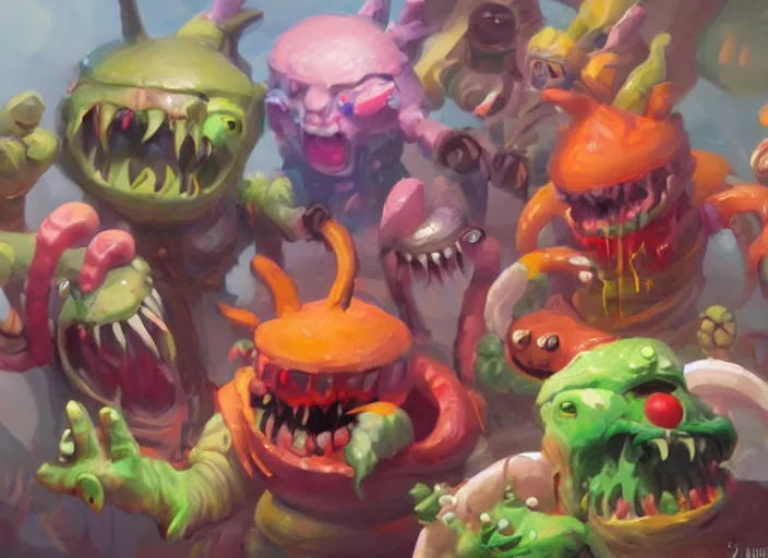 Image similar to concept art of candy monsters, oil painting by Jama Jurabaev, extremely detailed, brush hard, artstation, for AAA game, high quality