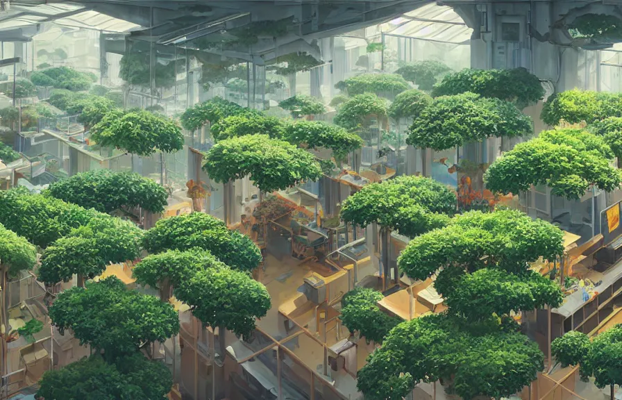 Image similar to concept art of a lush indoor hydroponics lab full of bonsai fruit trees in a far - future utopian city, key visual, ambient lighting, highly detailed, digital painting, artstation, concept art, sharp focus, by makoto shinkai and akihiko yoshida and hidari and wlop