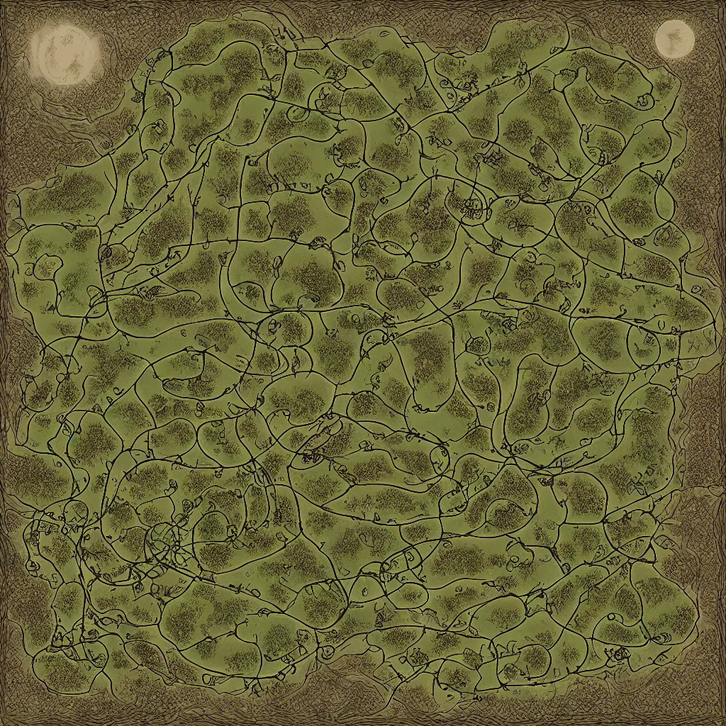 Prompt: a ttrpg map of a moonlit clearing in the woods, gridless, beautiful, 8 k, high quality digital art