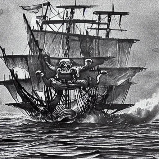 Prompt: an impossibly huge pirate ship, being attacked by a kraken, giant tentacles. 1980s photograph