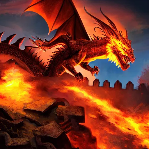 Prompt: a dragon blasting fire with his breath against a wooden gate of a castle wall, with crossbow men on top of the wall