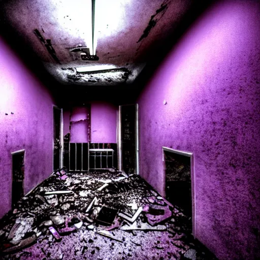 Image similar to unnerving and dark photograph of the inside of an abandoned insane asylum in an alternate horrific purple dimension