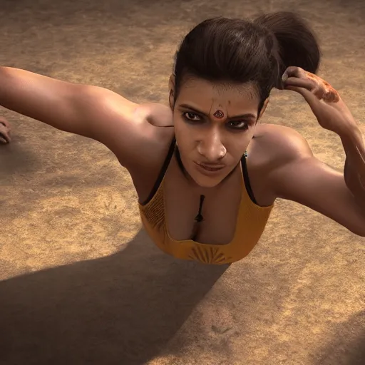 Image similar to indian woman doing push ups, ultra realistic, concept art, intricate details, highly detailed, photorealistic, octane render, 8 k, unreal engine