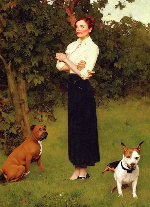 Prompt: illustration full body portrait of elegant slim mature woman standing beside staffordshire bull terrier in orchard, by norman rockwell, roberto ferri, daniel gerhartz, tom lovell, dean cornwell