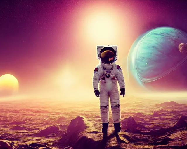 Image similar to astronaut exploring an unknown planet of eden. octane render,4k, f32,55mm photography,wide angle