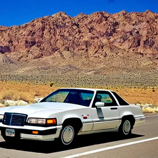 Prompt: a black 1990 Thunderbird super coupe driving on a desert highway