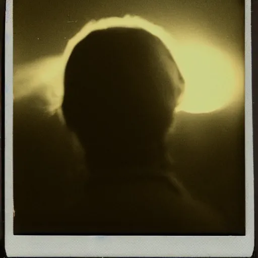 Image similar to an aged polaroid photo of a young woman seen from behind, the sun exploding in the sky, detailed clouds, high contrast, film grain, color bleed