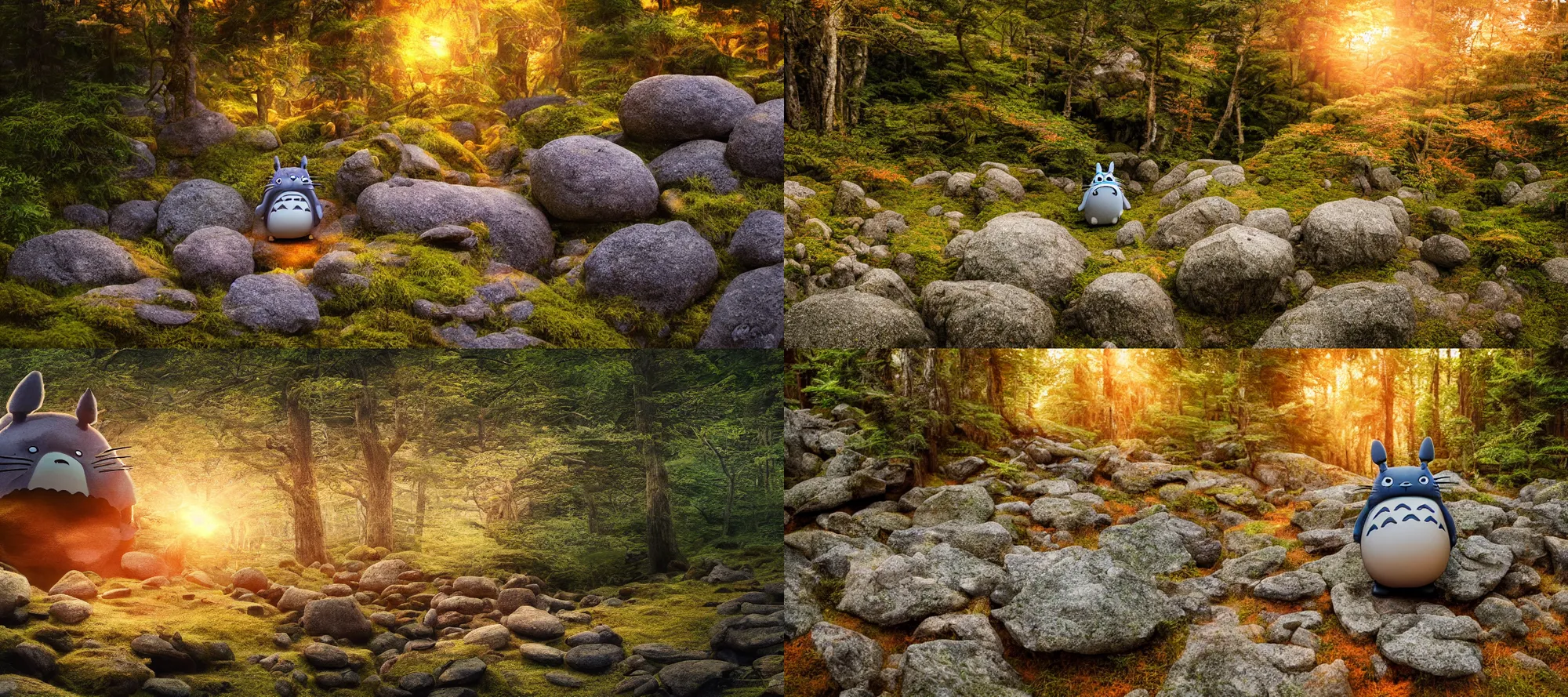 Prompt: a totoro walking through rocks in a mountainous forest terrain at sunset, cute, godrays, complementary colors, calm, relaxing, beautiful landscape, highly detailed, high quality, 4k HDR, natural lighting, close view, path tracing, orange palette, anatomically correct, hyperrealistic, low contrast