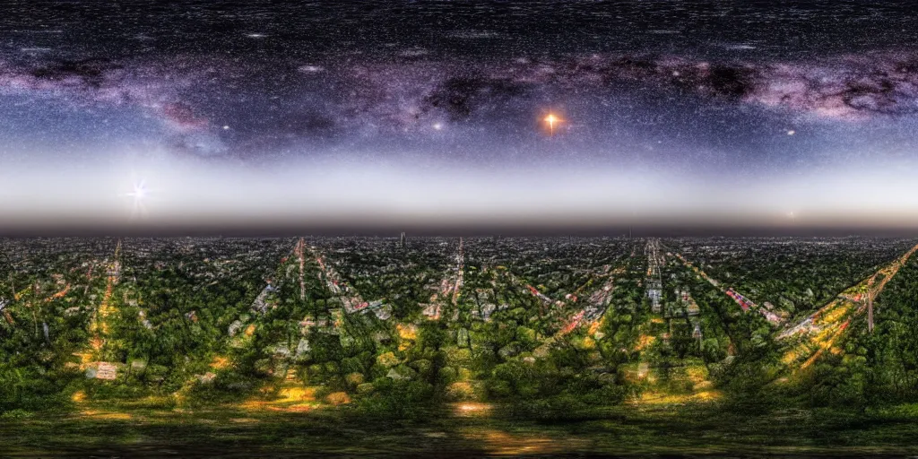 Image similar to a big industrial city metropoli in the distance, cloudy dark sky, it's late at night the moon and the milky way shine, a forest in the foreground, 3 6 0 render panorama, equirectangular projection, seamless