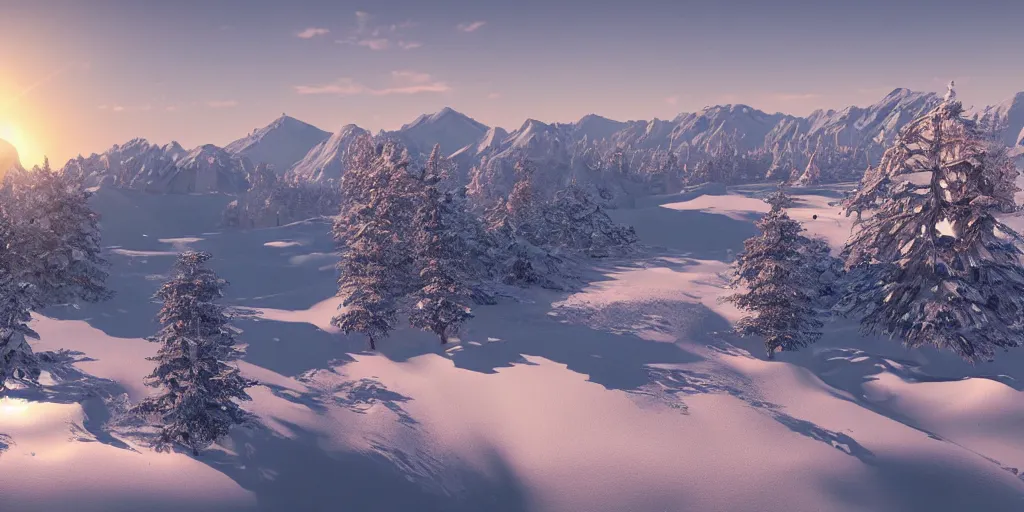 Image similar to a beautiful landscape, sun rises between two snowy mountains, 3 d artwork by phillipp urlich, unreal engine 5, extremely detailed, hyper realism