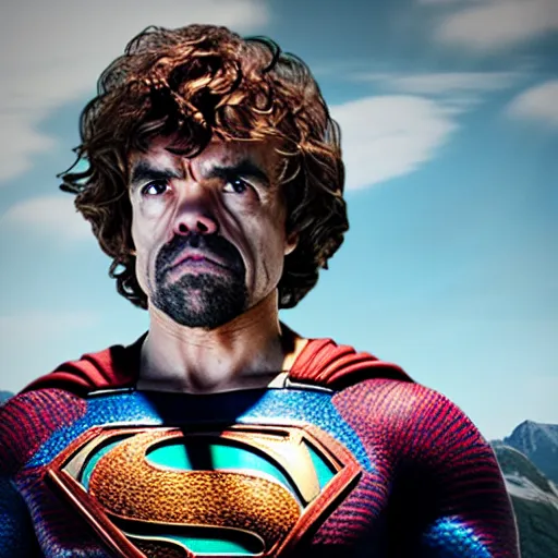 Image similar to stunning awe inspiring peter dinklage as superman, movie still 8 k hdr atmospheric lighting