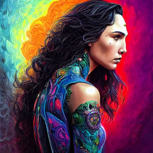 Prompt: portrait of gal gadot, hyper detailed masterpiece, neon floral pattern, jean giraud, digital art painting, darkwave goth aesthetic, psychedelic, artgerm, donato giancola and tom bagshaw
