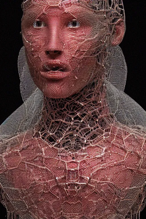 Prompt: a melancholic realistic 8k Sculpture of a complex robotic human face, liquid simulation, dramatic lighting, silver gold red details, hexagonal mesh wire, filigree intricate details, cinematic, fleshy musculature, white blossoms, elegant, octane render, 8k post-processing, by Caravaggio, Greg rutkowski, Sachin Teng, Thomas Kindkade, Alphonse Mucha, Norman Rockwell, Tom Bagshaw