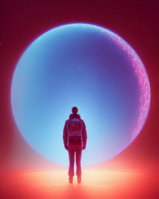 Image similar to a person standing in front of a glowy open door that's on a barren moon, poster art by mike winkelmann, trending on cg society, space art, sci - fi, ue 5, futuristic, volumetric lighting, light casting onto the ground, neat composition and camera angle