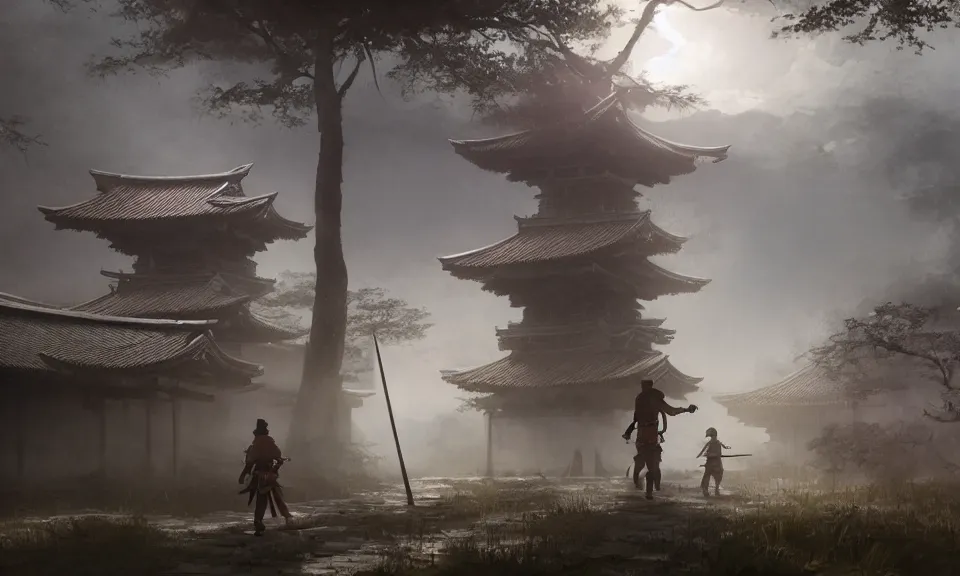 Prompt: Futuristic matte painting of a [samurai warrior] walking through [an abandoned japanese village], volumetric light scattering, highly detailed, digital art, Andreas Rocha, Greg Rutkowski, Darek Zabrocki, ArtStation, CGSociety, Unreal Engine, 4K, 8K