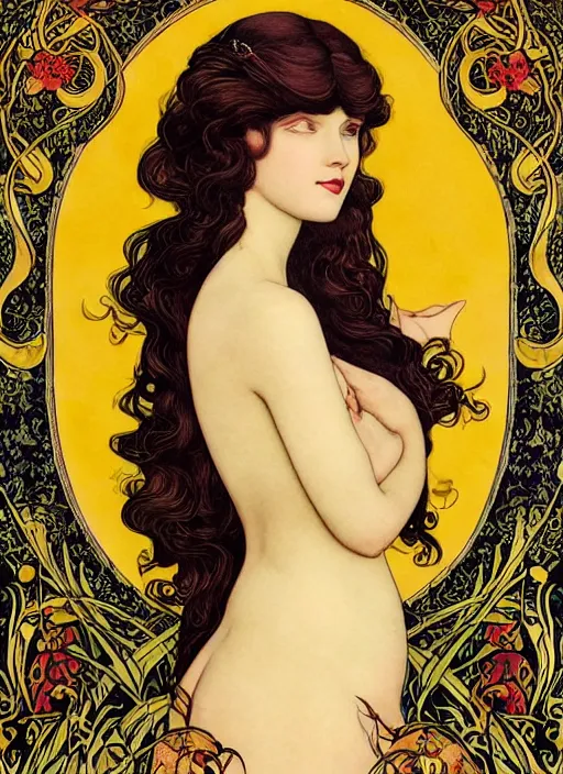 Image similar to masterpiece beautiful seductive flowing curves pinup pose preraphaelite face portrait photography, extreme close up shot, straight bangs, thick set features, yellow ochre ornate medieval dress, kay nielsen, amongst foliage mushroom forest circle arch, william morris and kilian eng and mucha, framed, 4 k