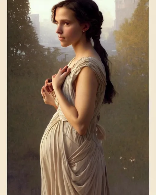Image similar to a portrait painting of a shy, blushing alicia vikander or millie bobby brown, very pregnant, intricate, elegant, highly detailed, artstation, concept art, by krenz cushart and donato giancola and william adolph bouguereau and alphonse mucha