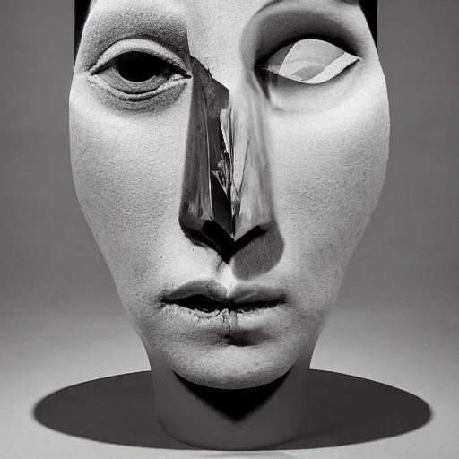 Image similar to surrealism sculpture by enrico ferrarini, multiple faces of the double shadow, meaning ferocious and split.