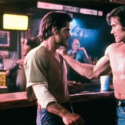 Image similar to cinestill of Jake Gyllenhaal as Patrick Swayze fighting men in a bar in the movie Road house