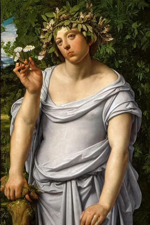 Image similar to renaissance painting of elder in the garden, closeup, short silver hair, a wise face, emotions closeup, dressed in roman armour, the beautiful garden with oak leaves everywhere, ultra detailed, art by Guido Reni style, Vincenzo Catena style