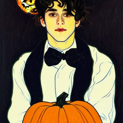 Image similar to painting of young cute handsome beautiful dark medium wavy hair man in his 2 0 s named shadow taehyung at the halloween pumpkin jack o'lantern party, depressed, melancholy, autumn, japan, elegant, clear, painting, stylized, delicate, soft facial features, delicate facial features, soft art, art by alphonse mucha, vincent van gogh, egon schiele