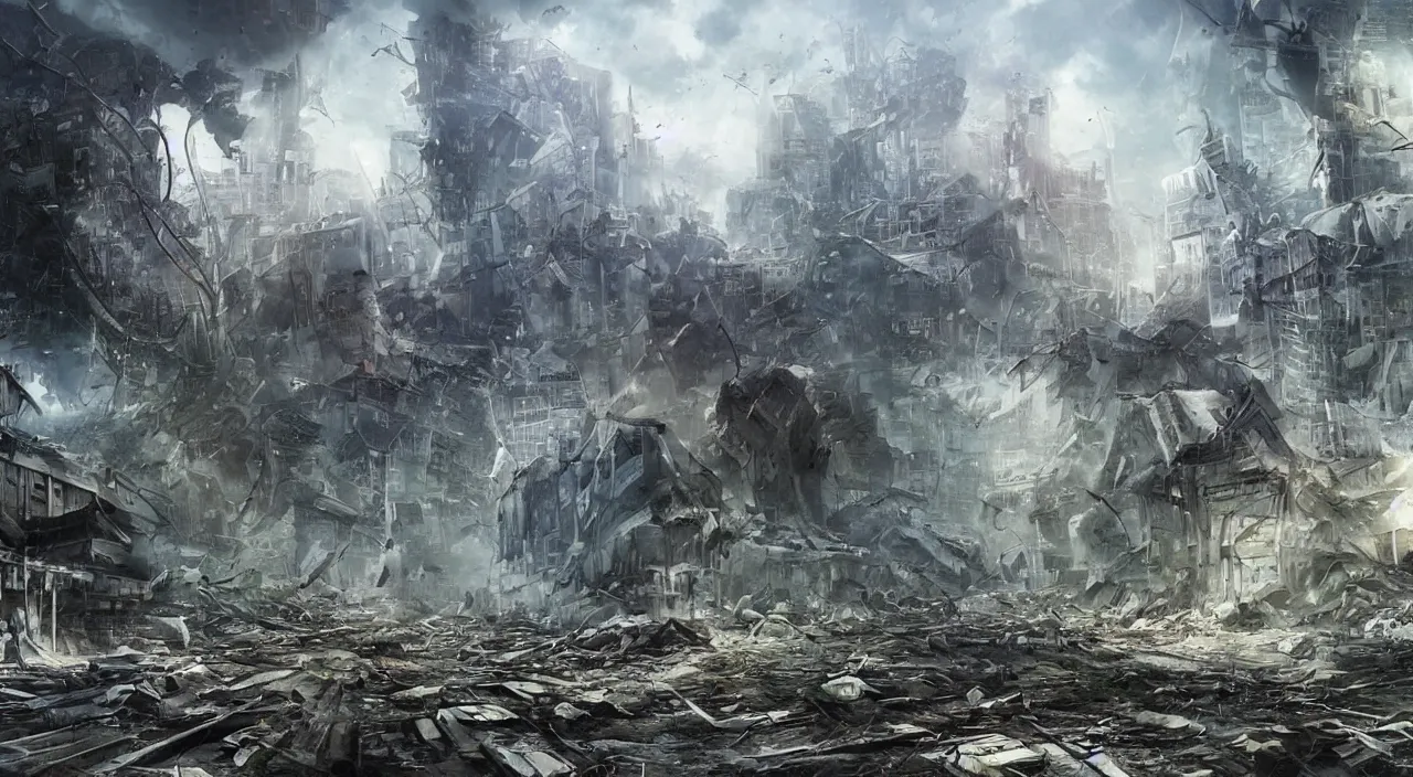 Prompt: damaged city, high - tech, concept art, forest, tornado, war